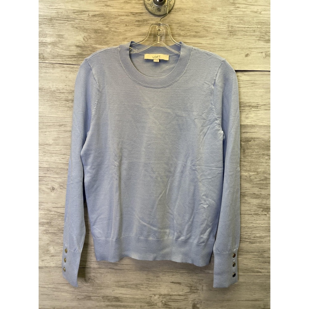 LOFT Sweater Womens M Blue Crewneck Pullover Lightweight Button Cuff Long Sleeve